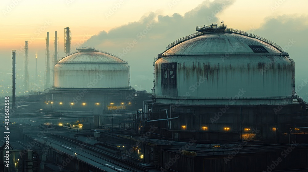 Fototapeta premium Industrial landscape at dawn, featuring large storage tanks and refinery structures emitting smoke.
