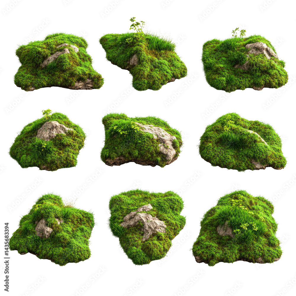 Moss-covered rocks, various shapes and sizes Different rock formations, lush green moss Moss-covered rocks, various shapes and sizes Different rock formations, lush green moss