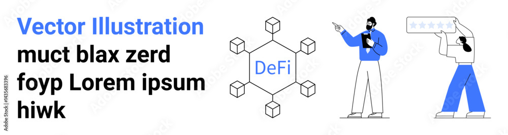 Network of blockchain nodes labeled DeFi at center, two professionals analyzing and documenting. Ideal for blockchain, technology, finance, collaboration, innovation, education, simple landing page Network of blockchain nodes labeled DeFi at center, two professionals analyzing and documenting. Ideal for blockchain, technology, finance, collaboration, innovation, education, simple landing page