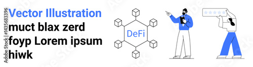 Network of blockchain nodes labeled DeFi at center, two professionals analyzing and documenting. Ideal for blockchain, technology, finance, collaboration, innovation, education, simple landing page