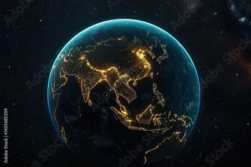 Earth at night, focused on Asia.  Distant view, glowing cities
