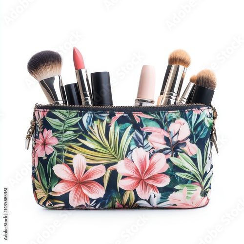 Floral cosmetic bag filled with makeup brushes and lipsticks inside on isoleted white background