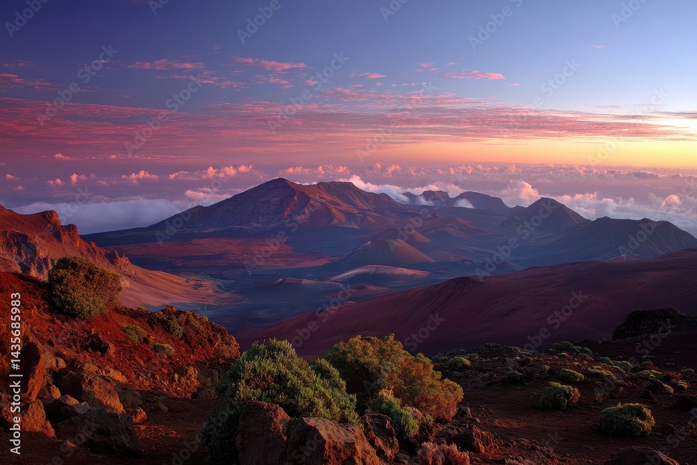 Obraz premium Vibrant Sunrise over Haleakala National Park: A Stunning Crater Landscape of Maui, Hawaii