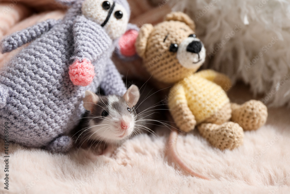 Fototapeta premium Adorable little rat and crocheted toys on faux fur