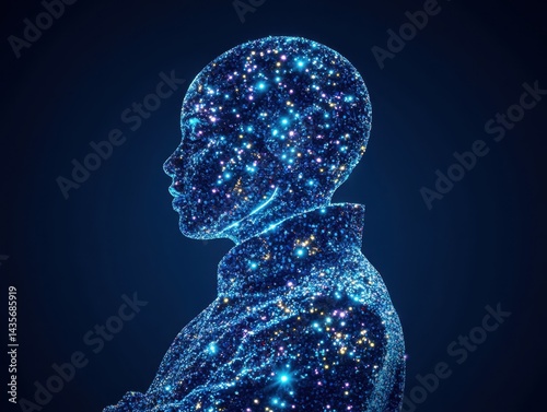 Glowing particle profile of a person, arms crossed, dark blue background