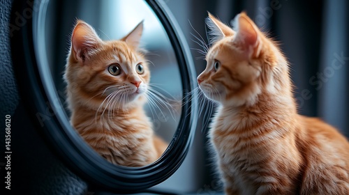 Ginger kitten looking at reflection in round mirror, cozy home interior, possible use for pet care, home decor, or heartwarming imagery
