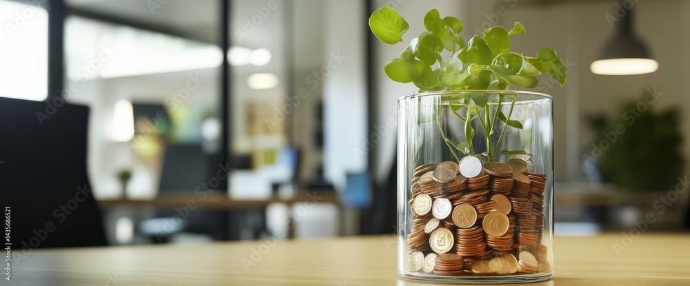 Coin Jar On Office Table With Plant Growing Out - Symbolizing Business Success And Investing Coin Jar On Office Table With Plant Growing Out - Symbolizing Business Success And Investing