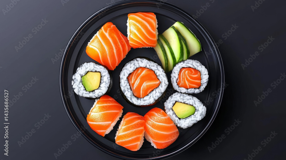 Sushi roll arranged on a black dish with salmon, avocado, cream cheese, cucumber, rice, and tuna Sushi roll arranged on a black dish with salmon, avocado, cream cheese, cucumber, rice, and tuna