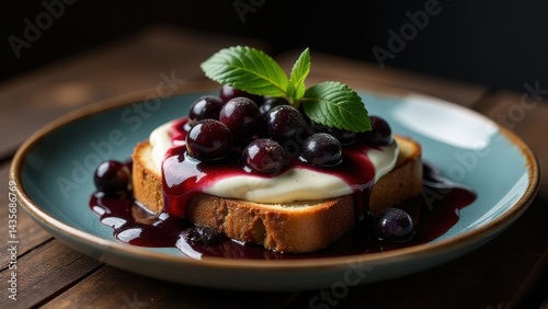 A slice of toast topped with creamy yogurt and fresh berries garnished with a mint leaf sits on a blue plate
