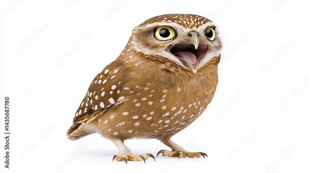 Fototapeta premium Alert Brown Owl with Open Beak and Bright Eyes on White Background