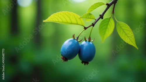 Close-up of vibrant blue berries with lush green leaves against a blurred natural background, showcasing the beauty of nature's detail