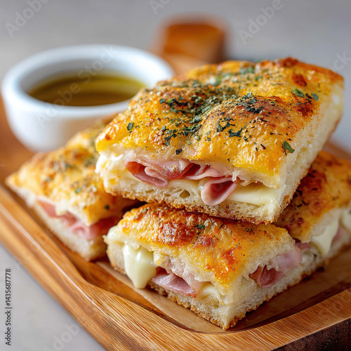 Focaccia with ham and cheese on a wooden board, close-up