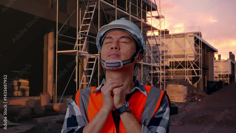 Close Up Of Asian Male Engineer With Safety Helmet Pray For Something While Standing At Building & Construction Site in Progress to New House