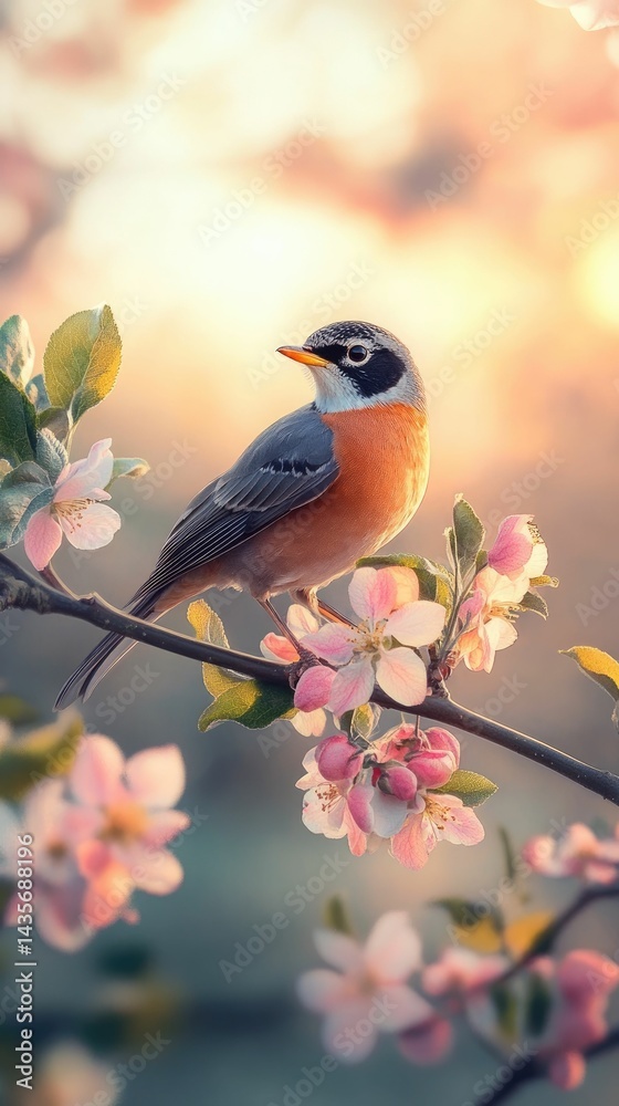 Fototapeta premium Small bird perched, blooming flowers, sunset glow.