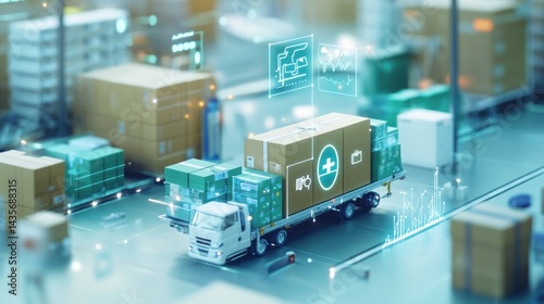 Miniature truck carrying cargo boxes with medical symbol, overlaid with digital data visualizations, showcasing supply chain, logistics, and technology.