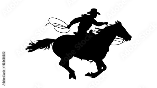 A vector silhouette of a wild west cowboy riding a running galloping horse holding onto reins and lasso