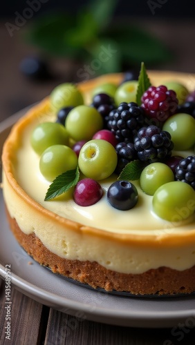 Delicious cheesecake topped with vibrant green grapes, blackberries, and blueberries on a rustic wooden table