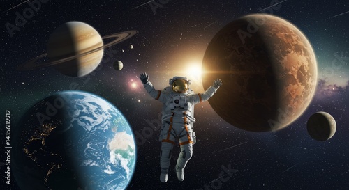 An Astronaut Floating in the Vast Expanse of Space Amidst Planets, Moons, and Distant Stars Under a Bright Sunlight