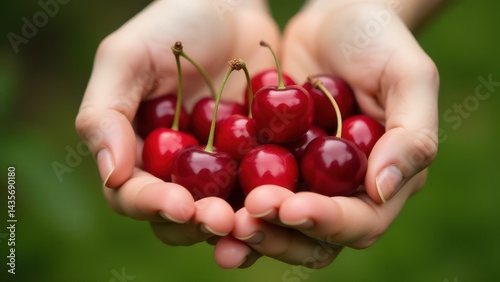 Hands gently cradle a handful of ripe, red cherries against a blurred green background, showcasing fresh summer produce