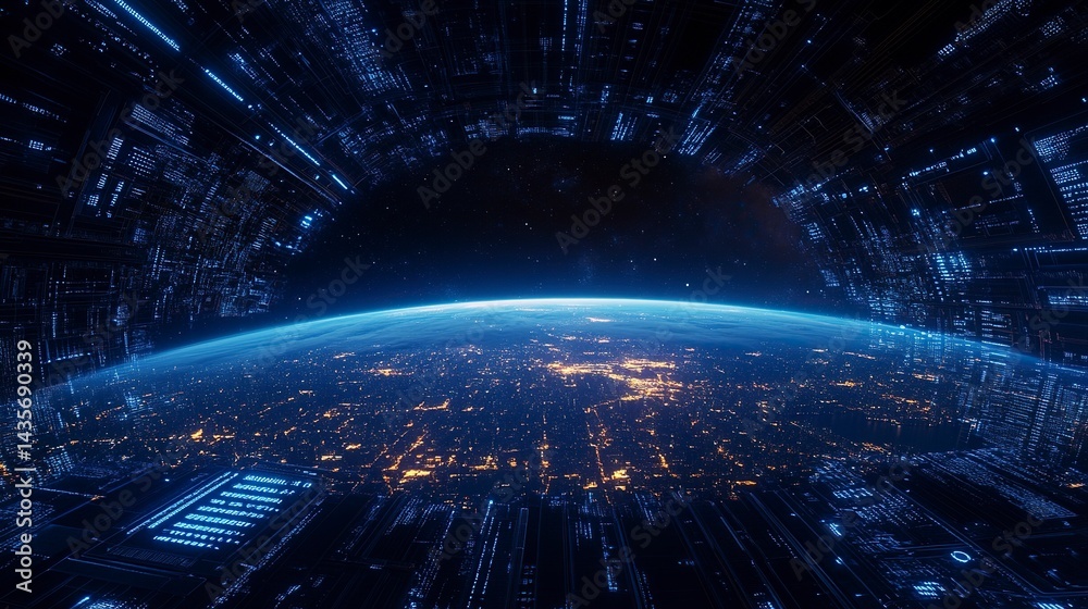 Fototapeta premium Digital Earth globe with digital data and technology background, city skyline silhouette on the horizon, blue gradient background, grid lines, binary code. Digital marketing concept design for global 