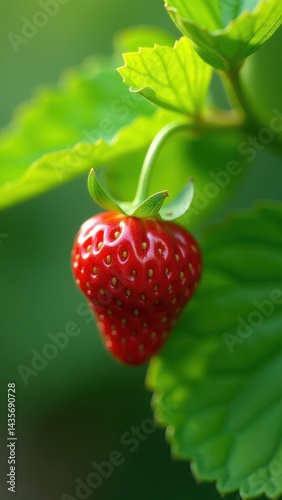 Close-up of a ripe red strawberry hanging from a plant with vibrant green leaves in the background