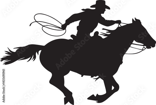A vector silhouette of a wild west cowboy riding a running galloping horse holding onto reins and lasso