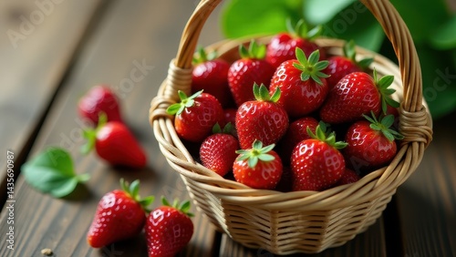 A wicker basket brimming with fresh, vibrant strawberries sits on a wooden surface, highlighting their rich red color and glossy texture