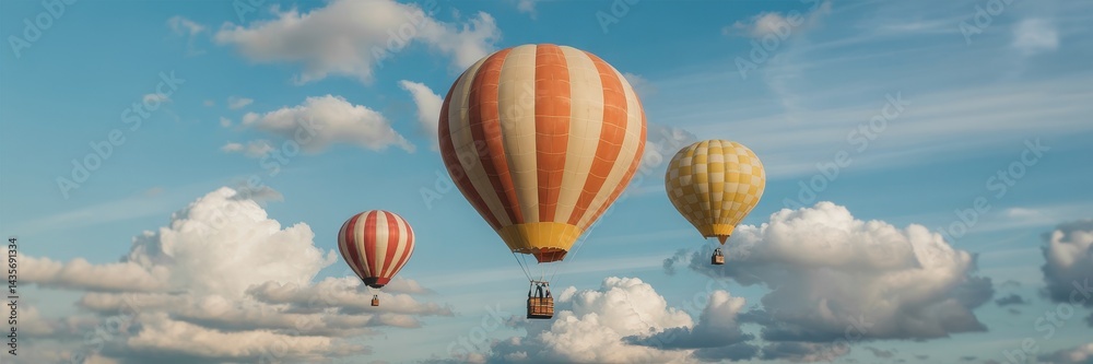 Naklejka premium Three air balloons soaring above fluffy clouds.