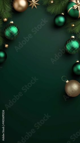 dark green christmas decoration background with ornaments and empty copy space