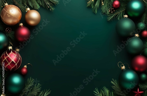 dark green christmas decoration background with ornaments and empty copy space
