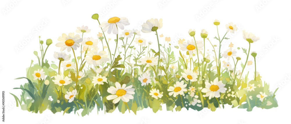 PNG A field of white daisies with leaves and grass daisy art illustration.