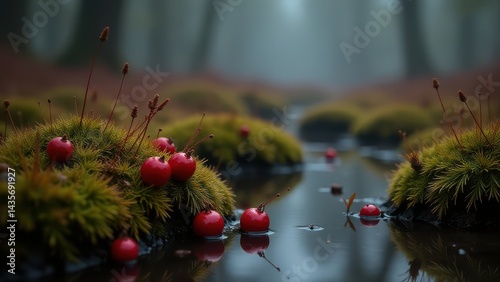A serene woodland scene featuring vibrant red berries on lush green moss beside a reflective water surface, under a misty forest canopy