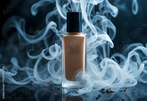 Elegant Foundation Bottle With Soft Smoke Swirls Rising From The Bottle, Creating A Mystical Effect Around It, Cosmatics Product Photography Studio shot