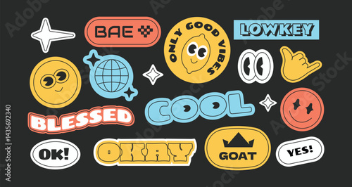 Collection of retro trendy y2k style cartoon stickers, badges, patchs with slang words.