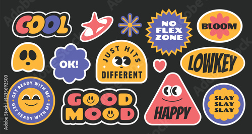 Collection of retro trendy y2k style cartoon stickers, badges, patchs with slang words.