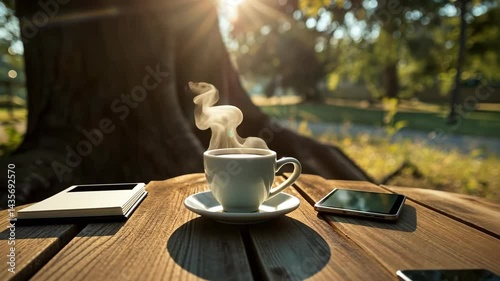 A cup of hot drink with a phone on a wooden outdoor table, creating a cozy moment.

