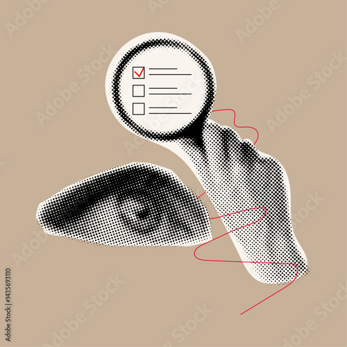 Hand with magnifying glass and eye with halftone effect, business viability concept, magnifying glass analyzing