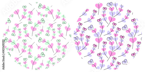 Outline Heart shape branches on colorful Heart spot Trendy pink, mint and lavender Circular fond Set