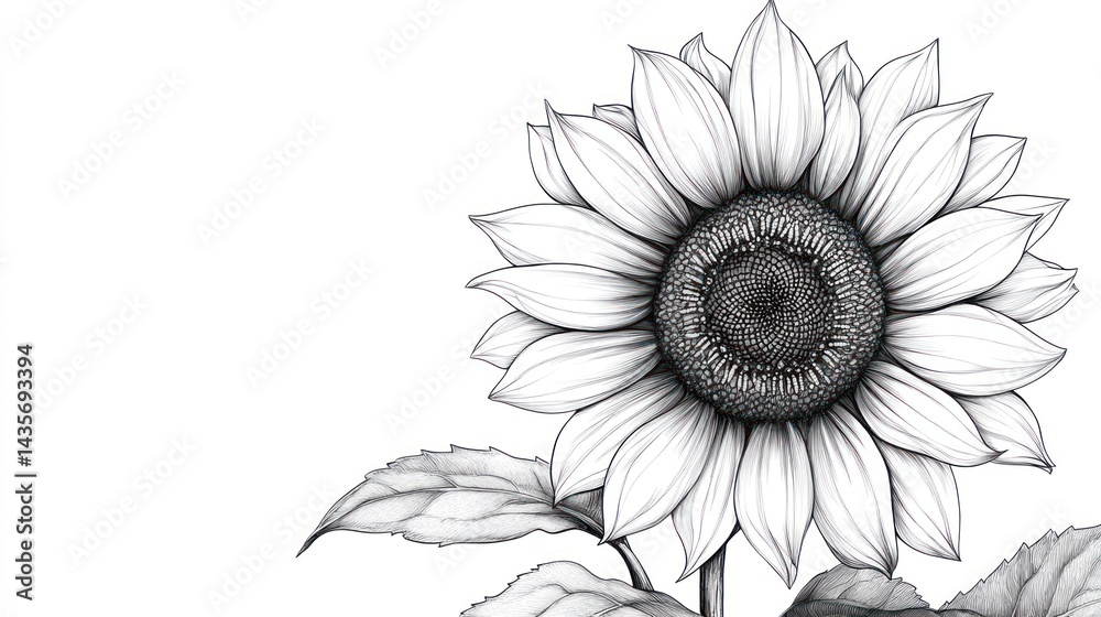 Fototapeta premium Detailed grayscale sunflower drawing