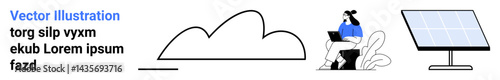 Woman working remotely on laptop, cloud outline, solar panel innovation concept. Ideal for sustainability, renewable energy, remote work, clean tech, cloud computing, minimalism simple landing page