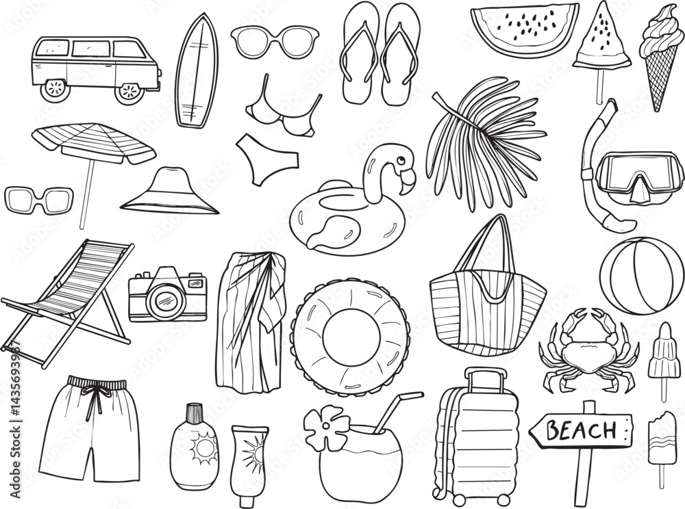 Illustrations été plage vacances objets trait noir vecteur