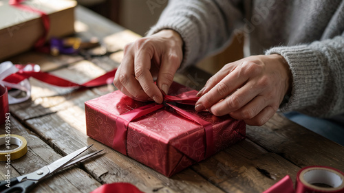 Her fingers fumble with a tricky gift corner