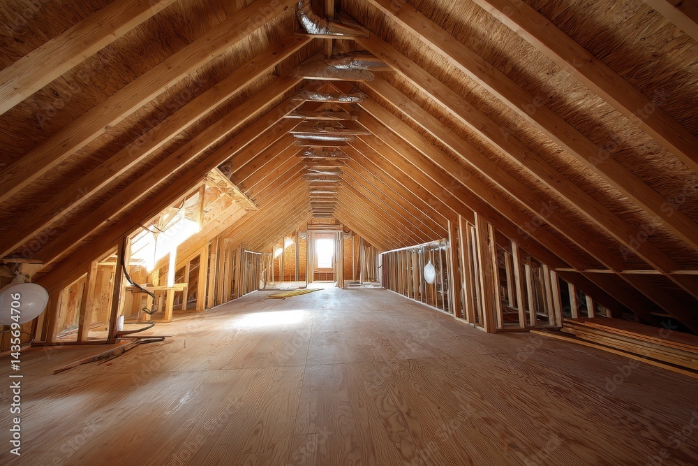 In Progress Loft Space: Unfinished Attic Interior Capturing the Essence of Construction and Design Development In Progress Loft Space: Unfinished Attic Interior Capturing the Essence of Construction and Design Development
