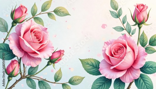 Delicate watercolor roses, intertwined leaves, soft pastel hues, floral, bloom