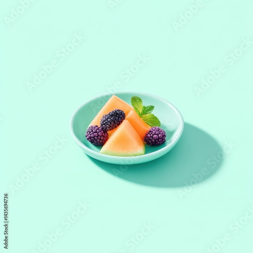 Japanese fruit plate with melon and berries, pristine minimal scene