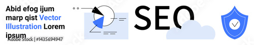 SEO text with graph analytics, shield for security, and cloud element. Ideal for digital strategy, website ranking, online security, data protection, analytics, cloud computing simple landing page