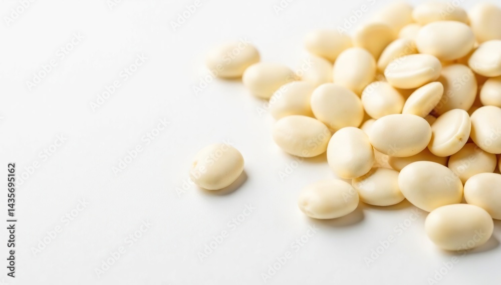 Scattered white beans on pristine white background, protein, background Scattered white beans on pristine white background, protein, background