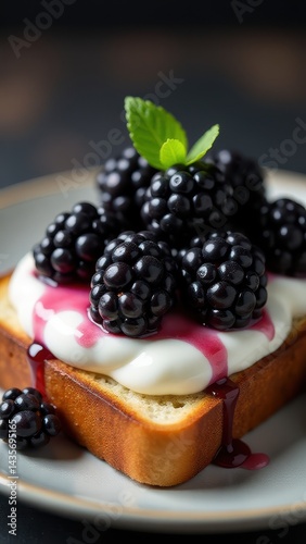 Delicious blackberries sit atop creamy yogurt on a slice of golden toast, drizzled with berry sauce and garnished with fresh green mint