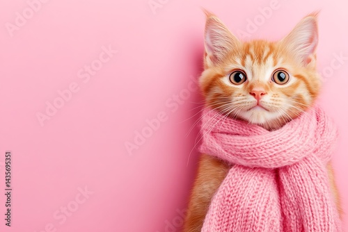 Adorable ginger kitten wearing pink scarf against pink background