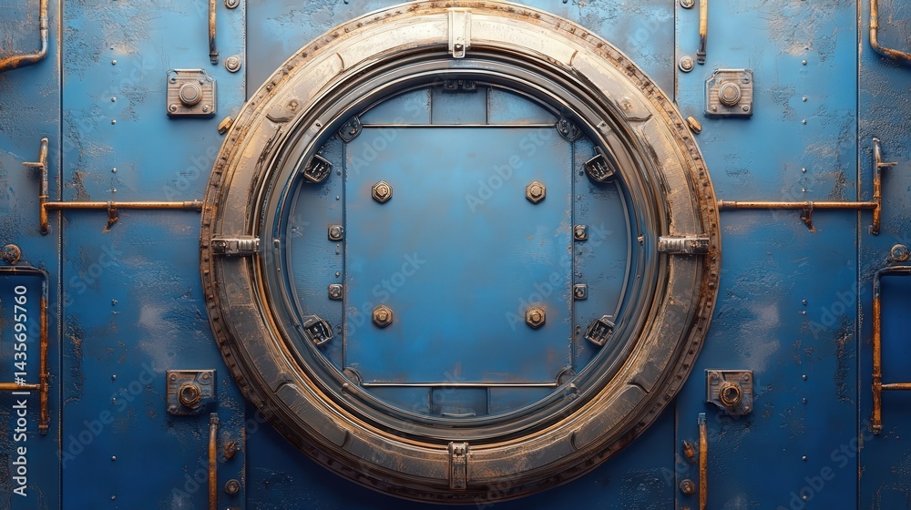Naklejka premium Top-down view of a round, blue steel door in an industrial steampunk spaceship. Photorealistic, cinematic concept art with detailed metal textures and futuristic design elements.